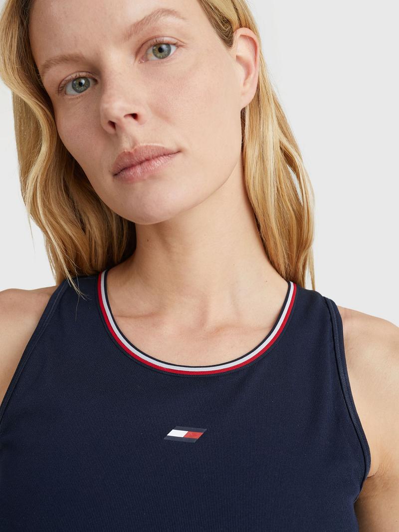 Női Tommy Hilfiger Ribbed Flag Tank Felsők Kék | HU 503RVD